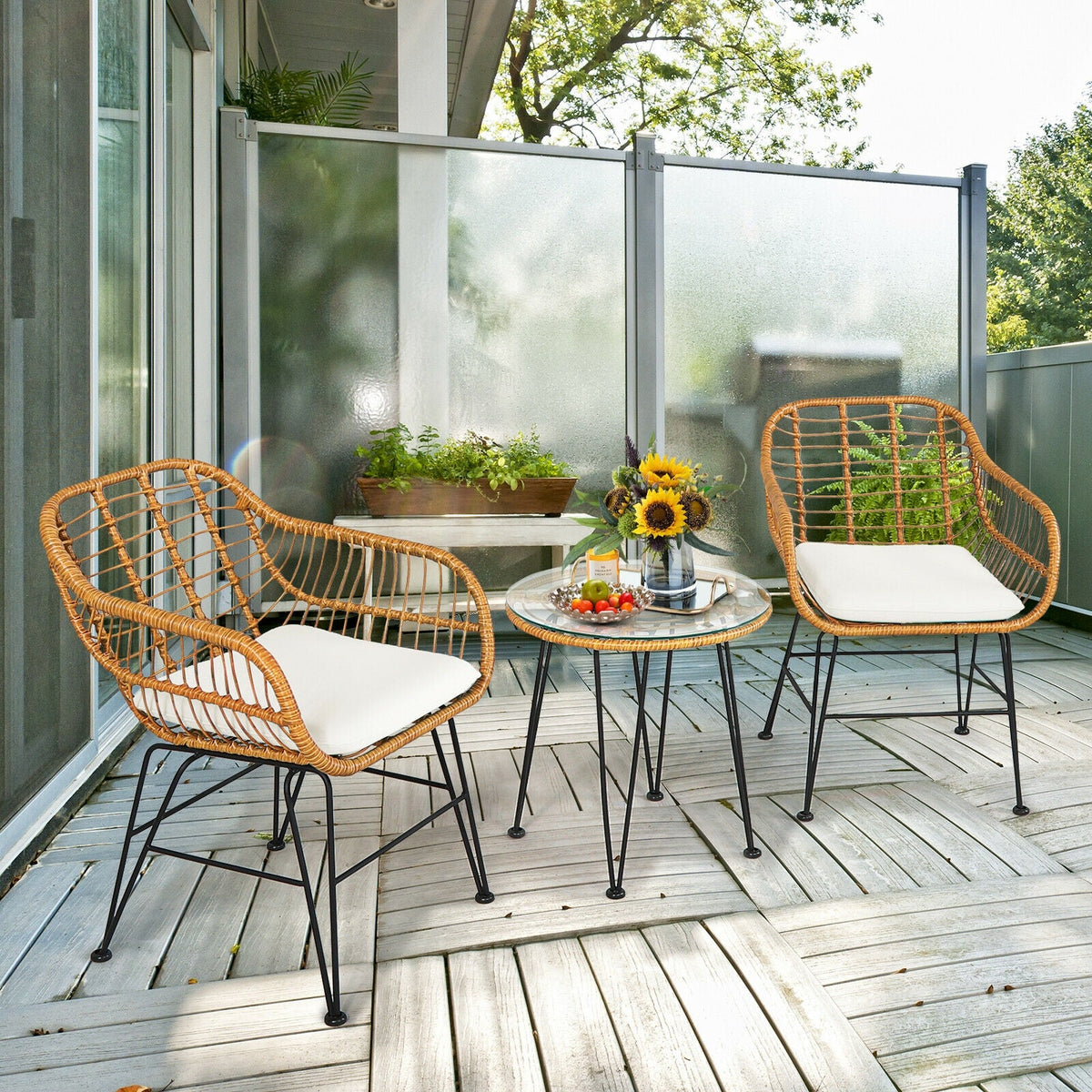 3 Pieces Rattan Furniture Set with Cushioned Chair Table 13