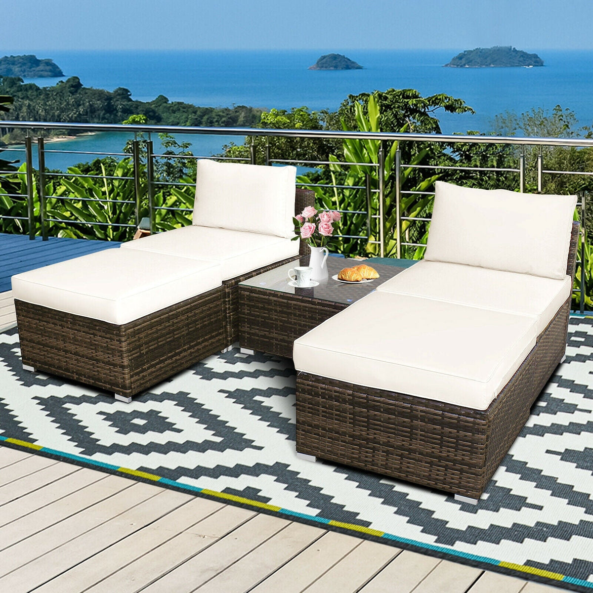5 Pieces Patio Rattan Furniture Set with Cushioned Armless Sofa 3
