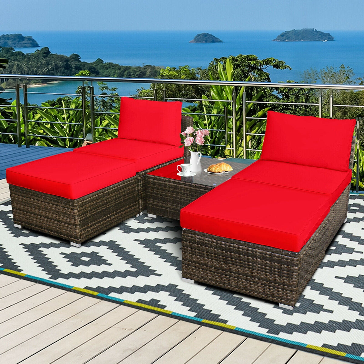 5 Pieces Patio Rattan Furniture Set with Cushioned Armless Sofa 6