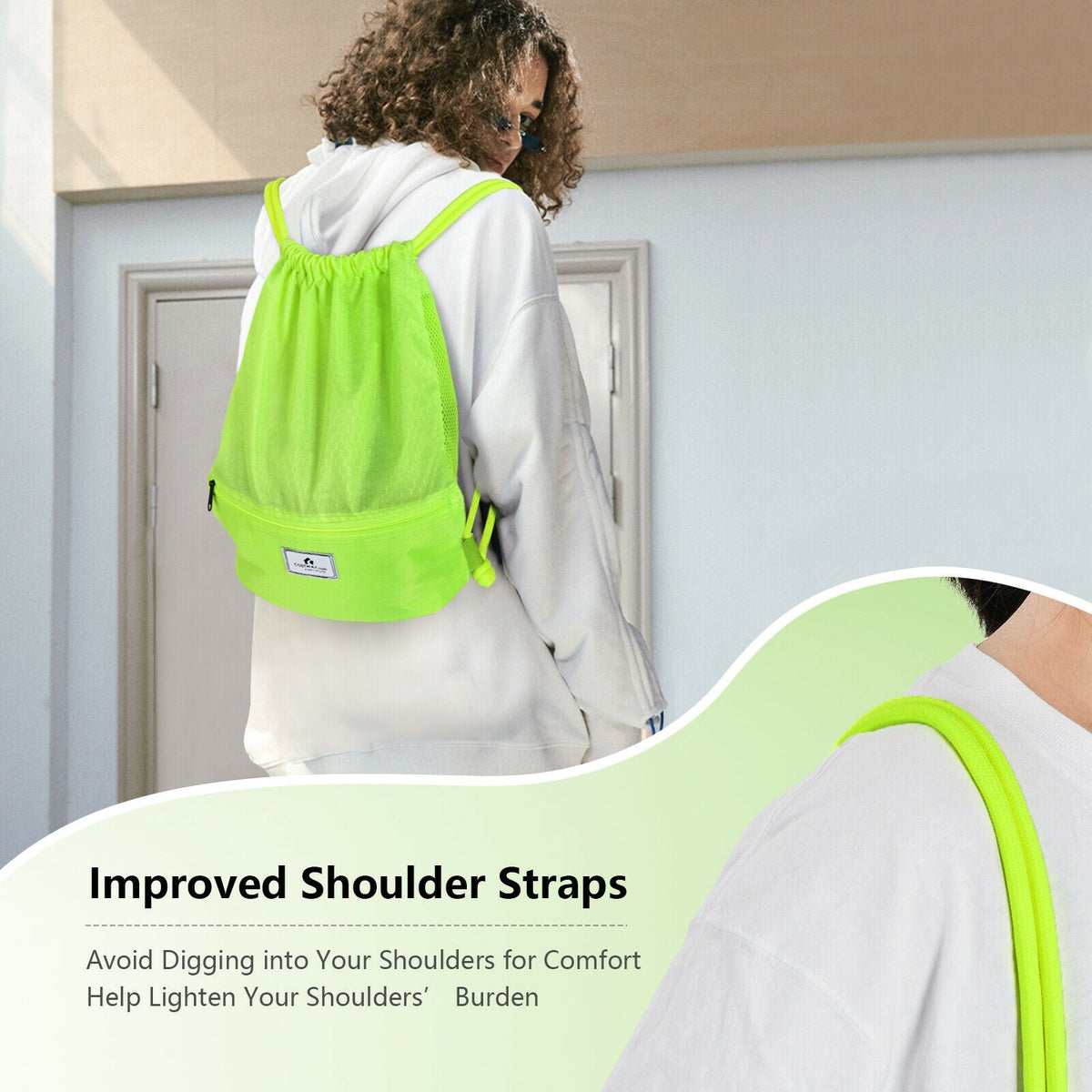 Drawstring Backpack String Bag Foldable Sports Sack with Zipper Pocket-Green 2
