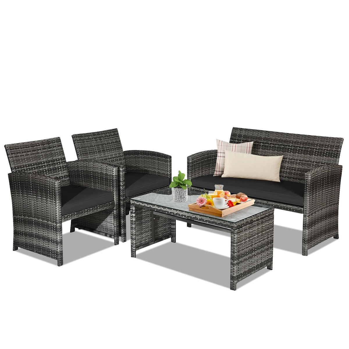 4 Pieces Patio Rattan Furniture Set with Glass Table and Loveseat-Gray 1