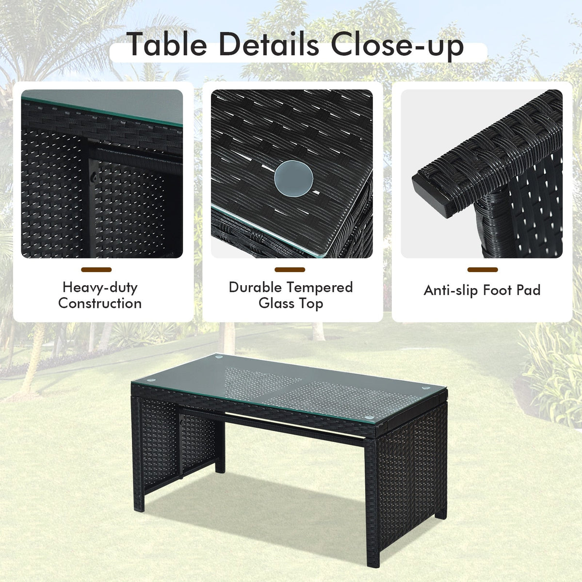 4 Pieces Rattan Patio Furniture Set with Weather Resistant Cushions and Tempered Glass Tabletop 6