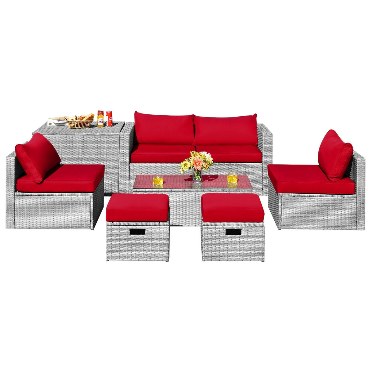 8 Pieces Patio Rattan Furniture Set with Storage Waterproof Cover and Cushion 11