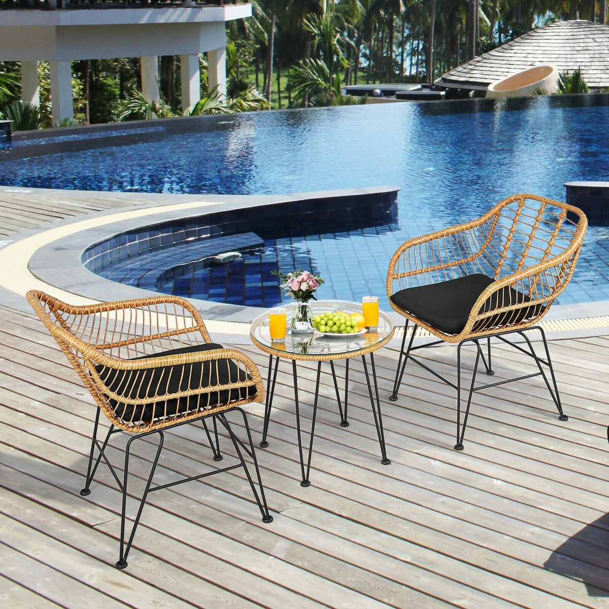 3 Pieces Rattan Furniture Set with Cushioned Chair Table 2