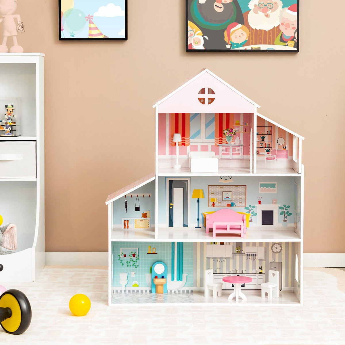 3-Tier Toddler Doll House with Furniture Gift for Age over 3 2