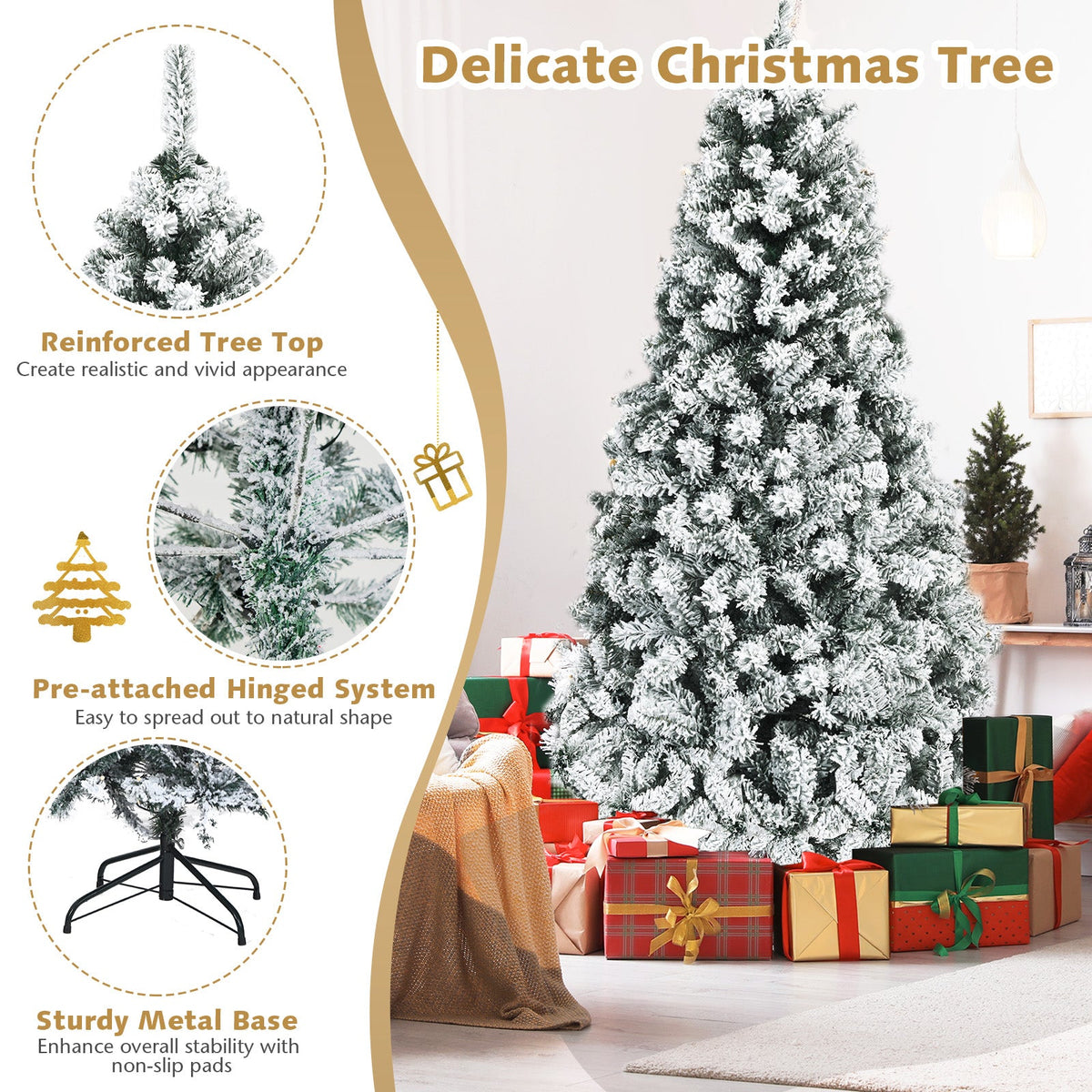 Pre-Lit Premium Snow Flocked Hinged Artificial Christmas Tree 6