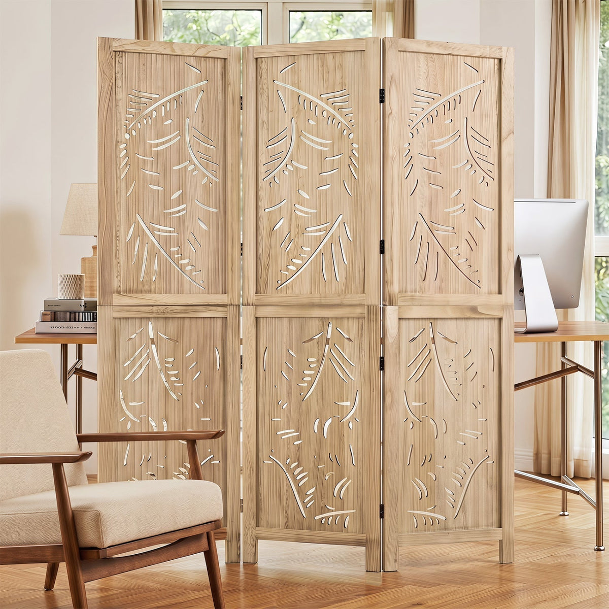 3-Panel Room Divider with Palm Leaf Design - 67" Tall 1