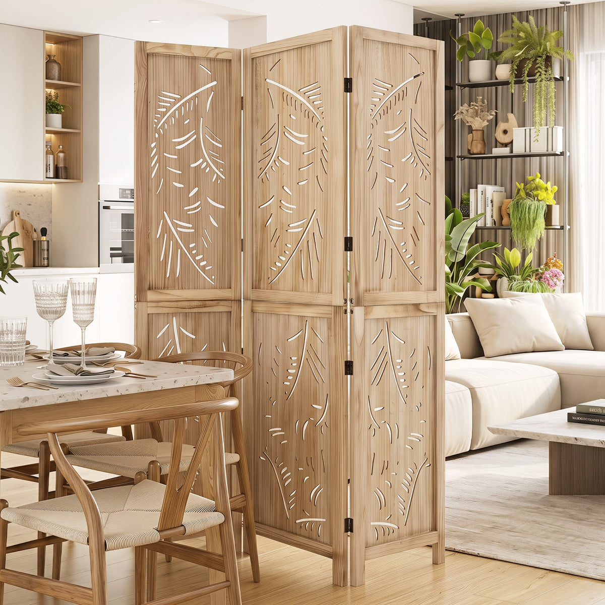 3-Panel Room Divider with Palm Leaf Design - 67" Tall 2
