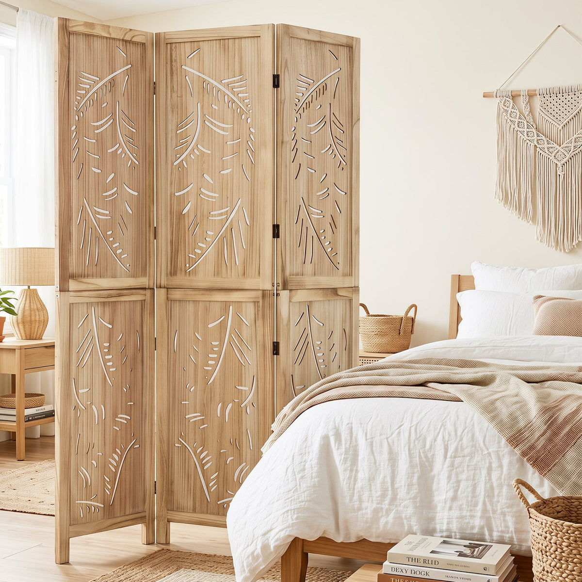 3-Panel Room Divider with Palm Leaf Design - 67" Tall 5