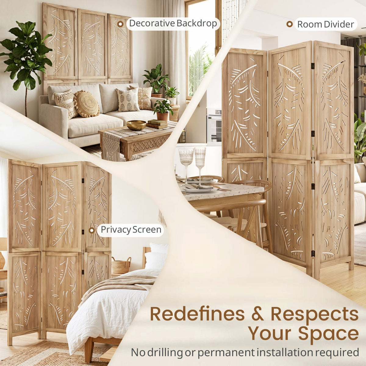 3-Panel Room Divider with Palm Leaf Design - 67" Tall 6
