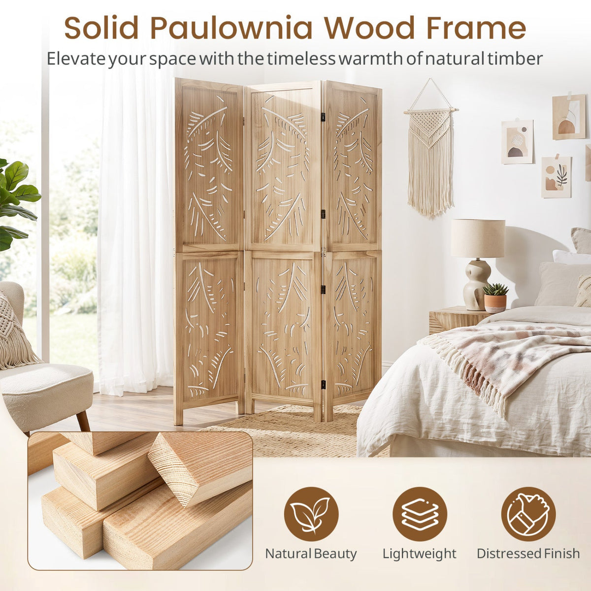 3-Panel Room Divider with Palm Leaf Design - 67" Tall 7
