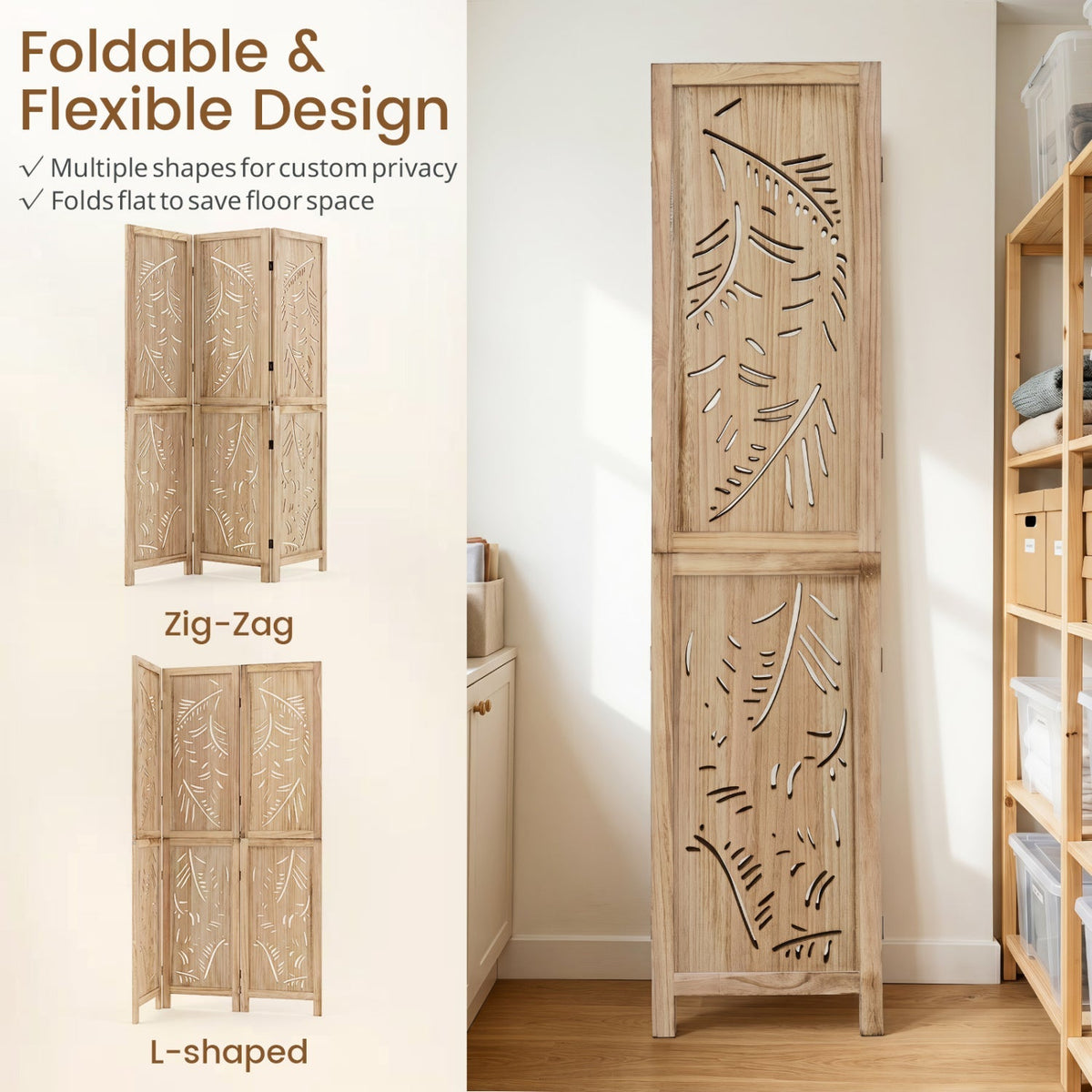 3-Panel Room Divider with Palm Leaf Design - 67" Tall 8
