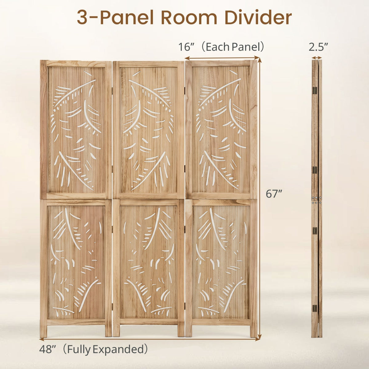3-Panel Room Divider with Palm Leaf Design - 67" Tall 4