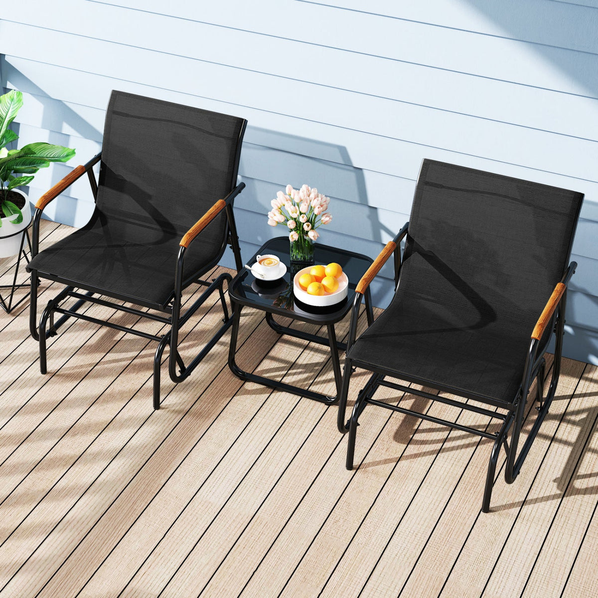 3-Piece Outdoor Glider Bistro Set with Tempered Glass Table 1