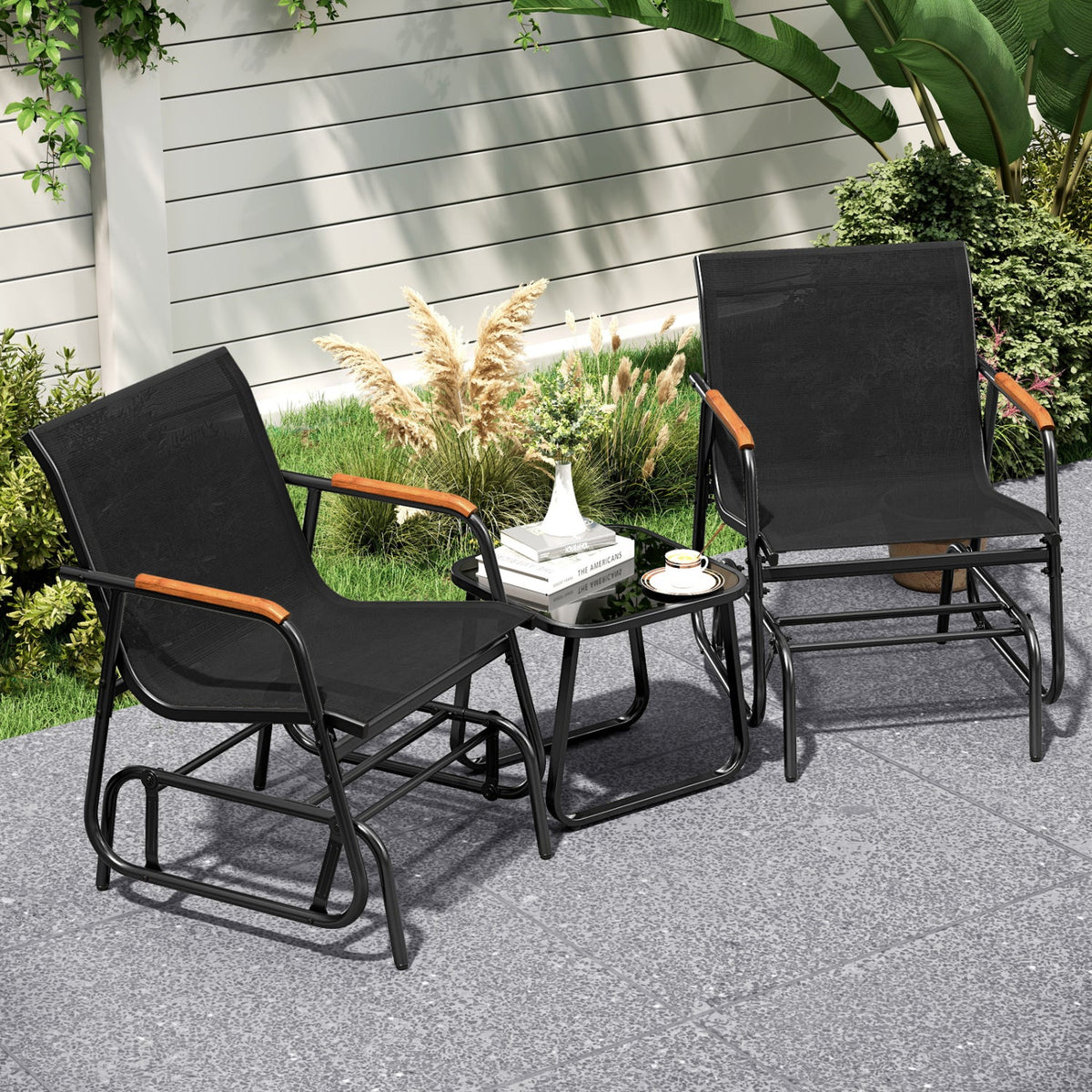 3-Piece Outdoor Glider Bistro Set with Tempered Glass Table 2