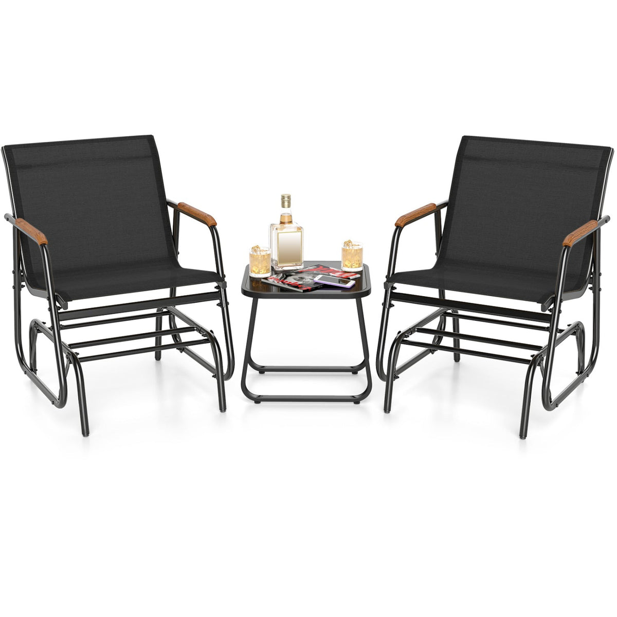 3-Piece Outdoor Glider Bistro Set with Tempered Glass Table 3