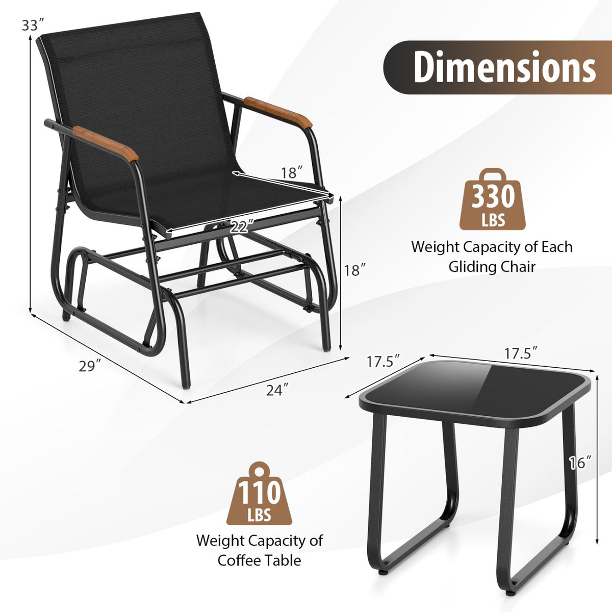 3-Piece Outdoor Glider Bistro Set with Tempered Glass Table 5
