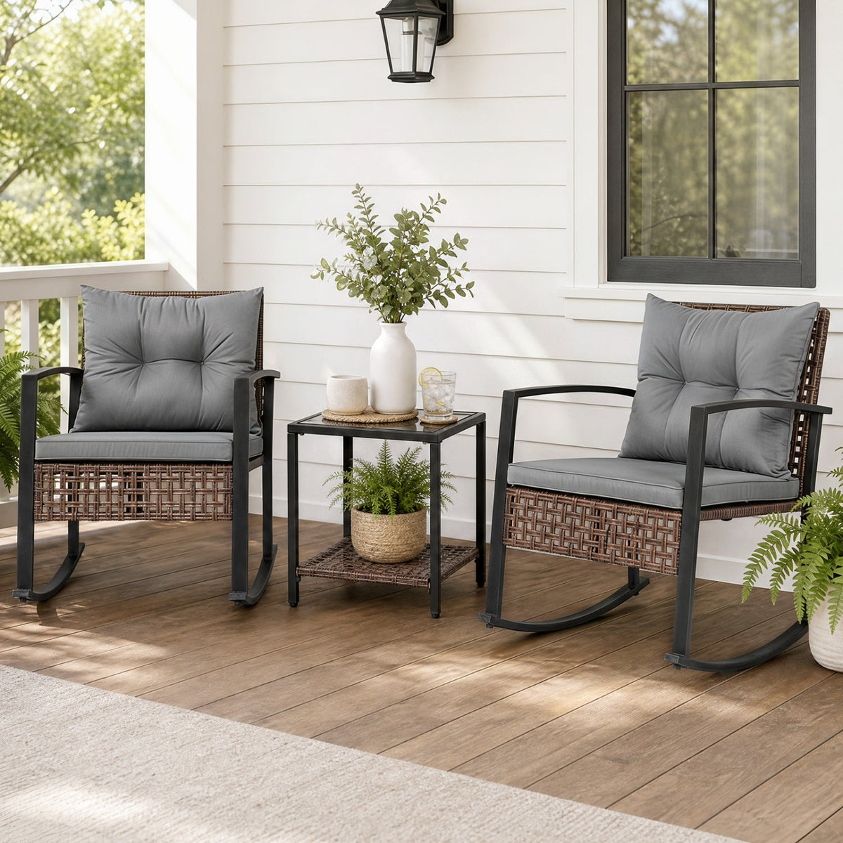 3-Piece Rocking Chair Patio Set with Glass Coffee Table 1
