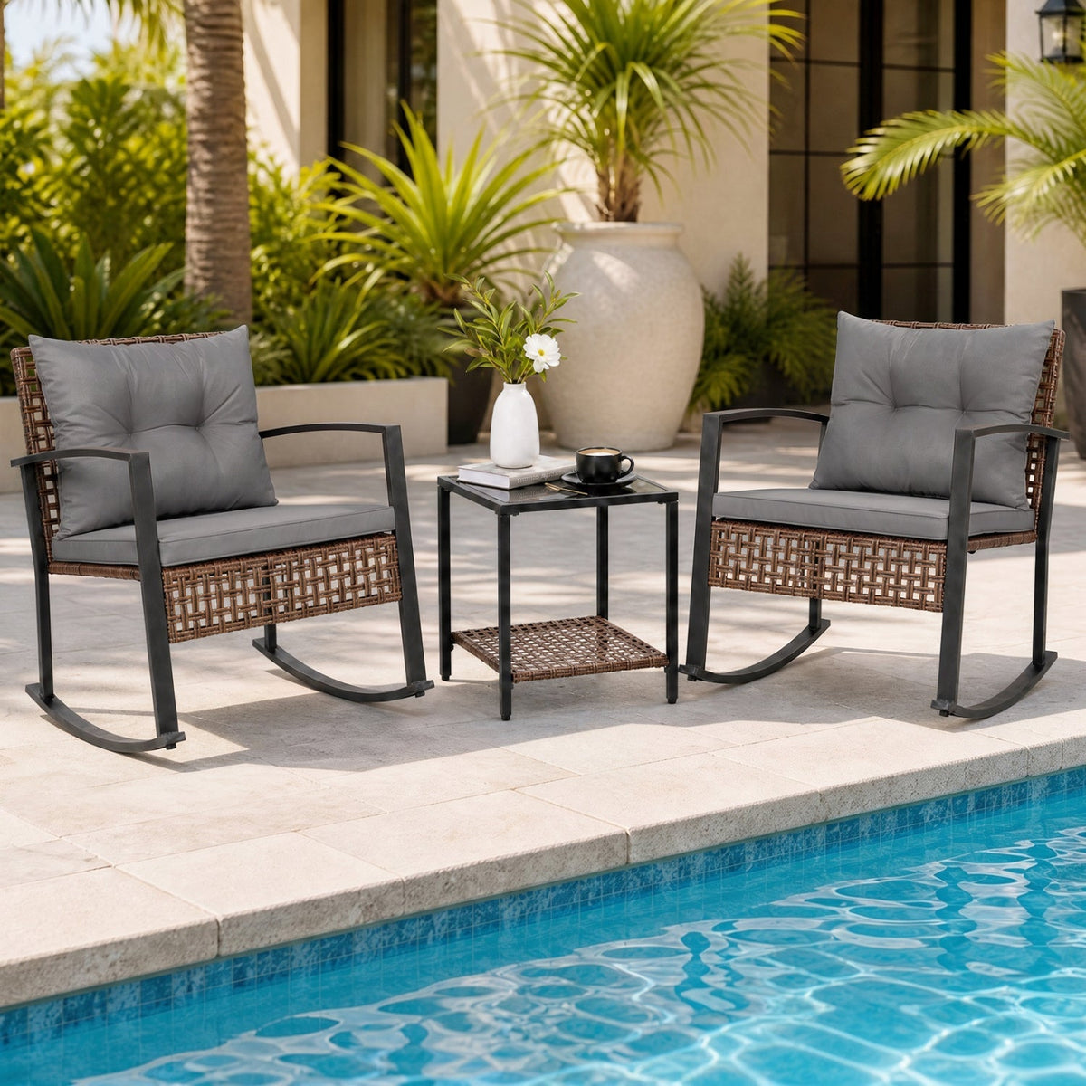 3-Piece Rocking Chair Patio Set with Glass Coffee Table 2