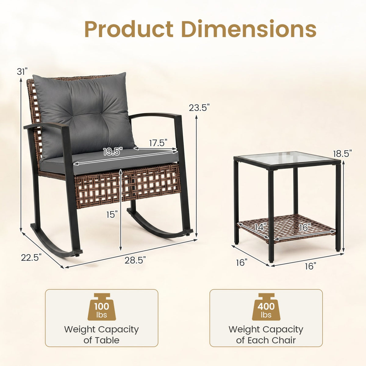 3-Piece Rocking Chair Patio Set with Glass Coffee Table 5