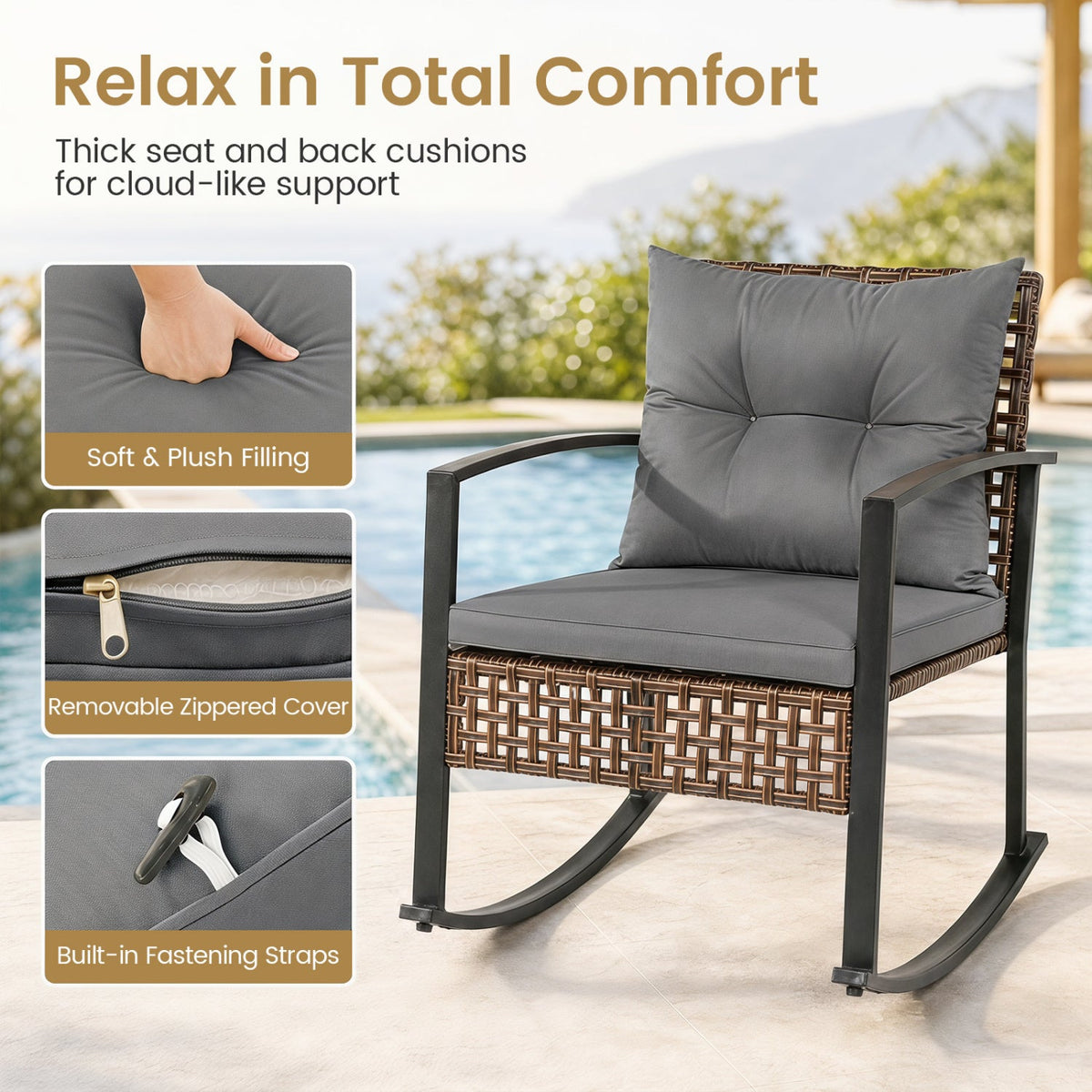 3-Piece Rocking Chair Patio Set with Glass Coffee Table 7