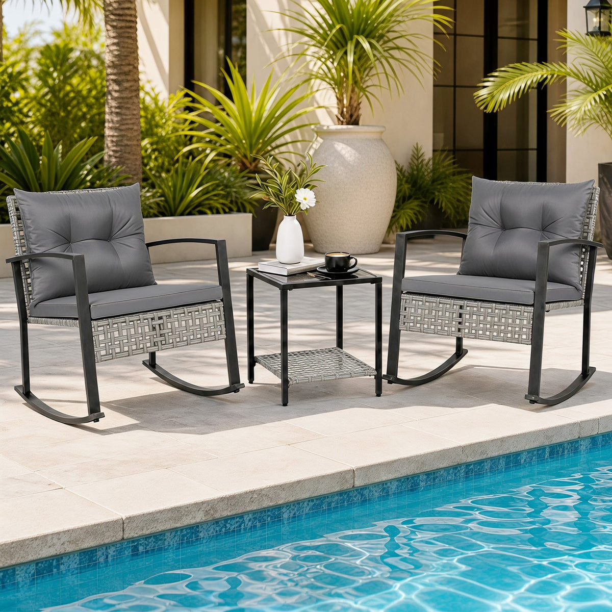 3-Piece Outdoor Rocking Chair Set with Coffee Table - Gray 1
