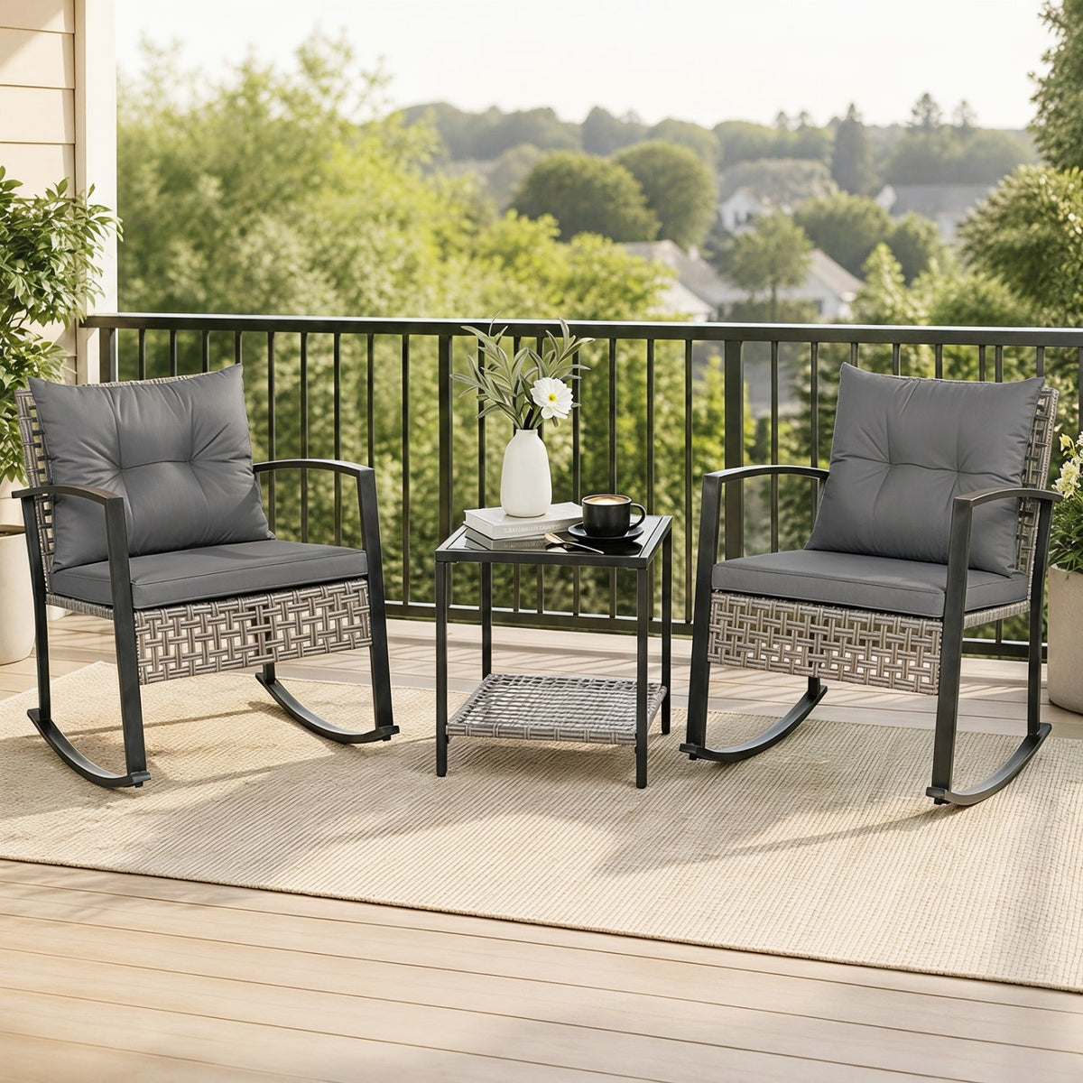 3-Piece Outdoor Rocking Chair Set with Coffee Table - Gray 2