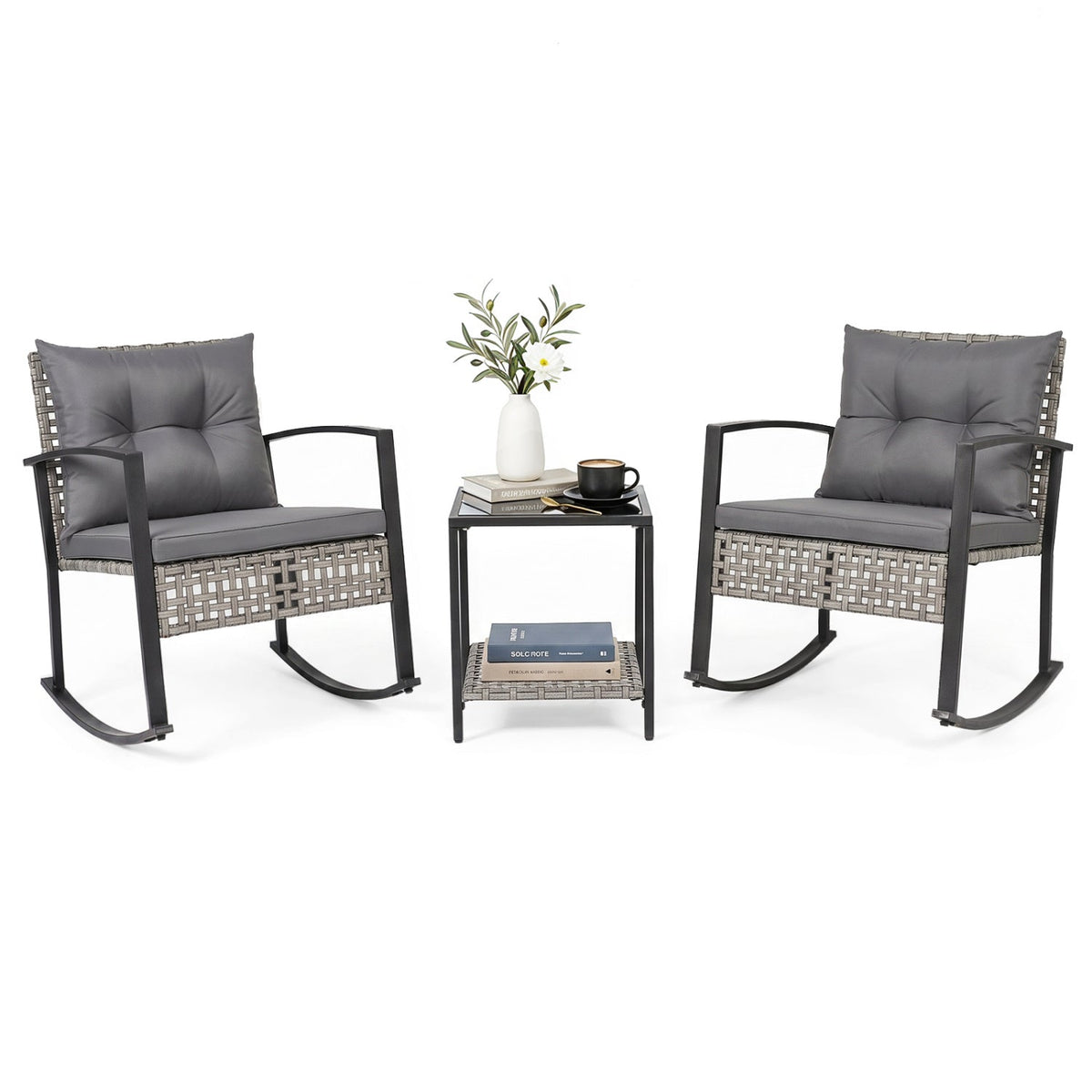 3-Piece Outdoor Rocking Chair Set with Coffee Table - Gray 3