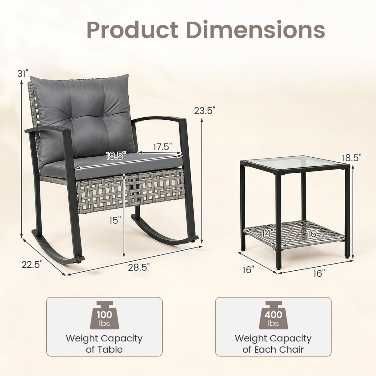 3-Piece Outdoor Rocking Chair Set with Coffee Table - Gray 5
