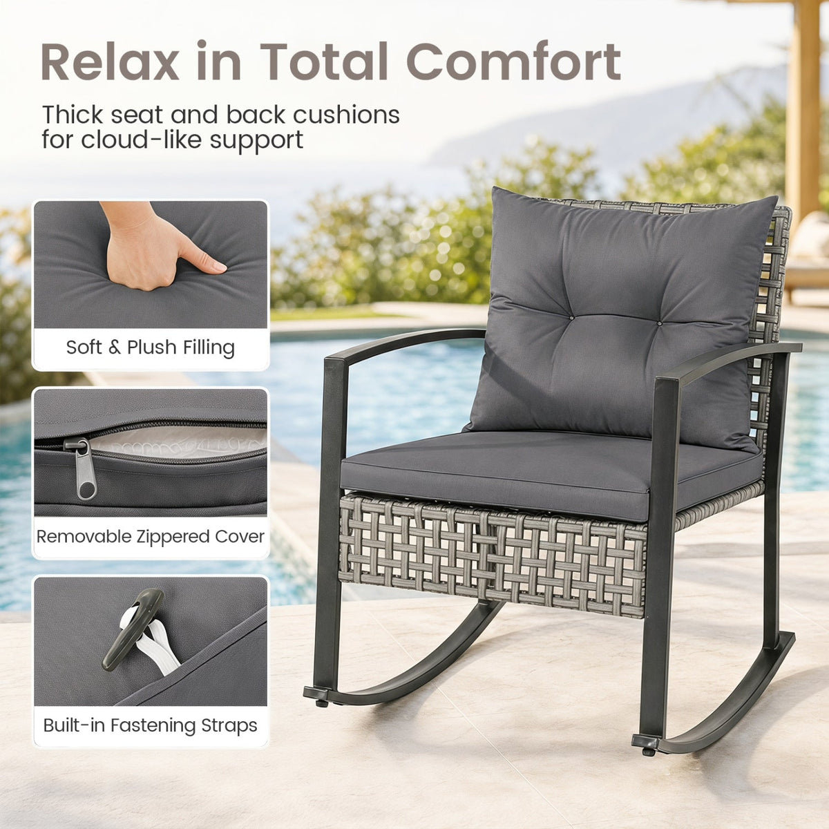 3-Piece Outdoor Rocking Chair Set with Coffee Table - Gray 7