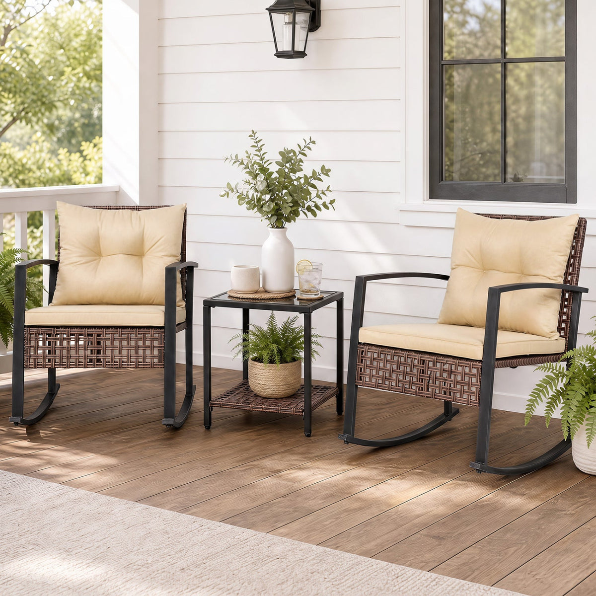 3-Piece Rocking Chair Patio Set with Glass Coffee Table 1
