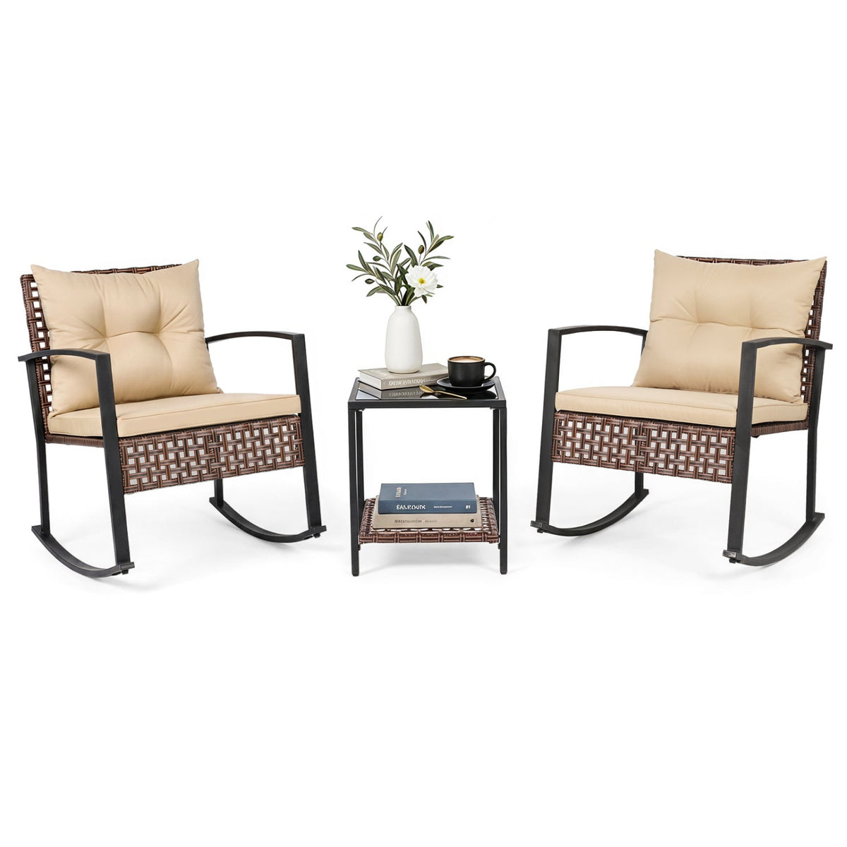 3-Piece Rocking Chair Patio Set with Glass Coffee Table 3
