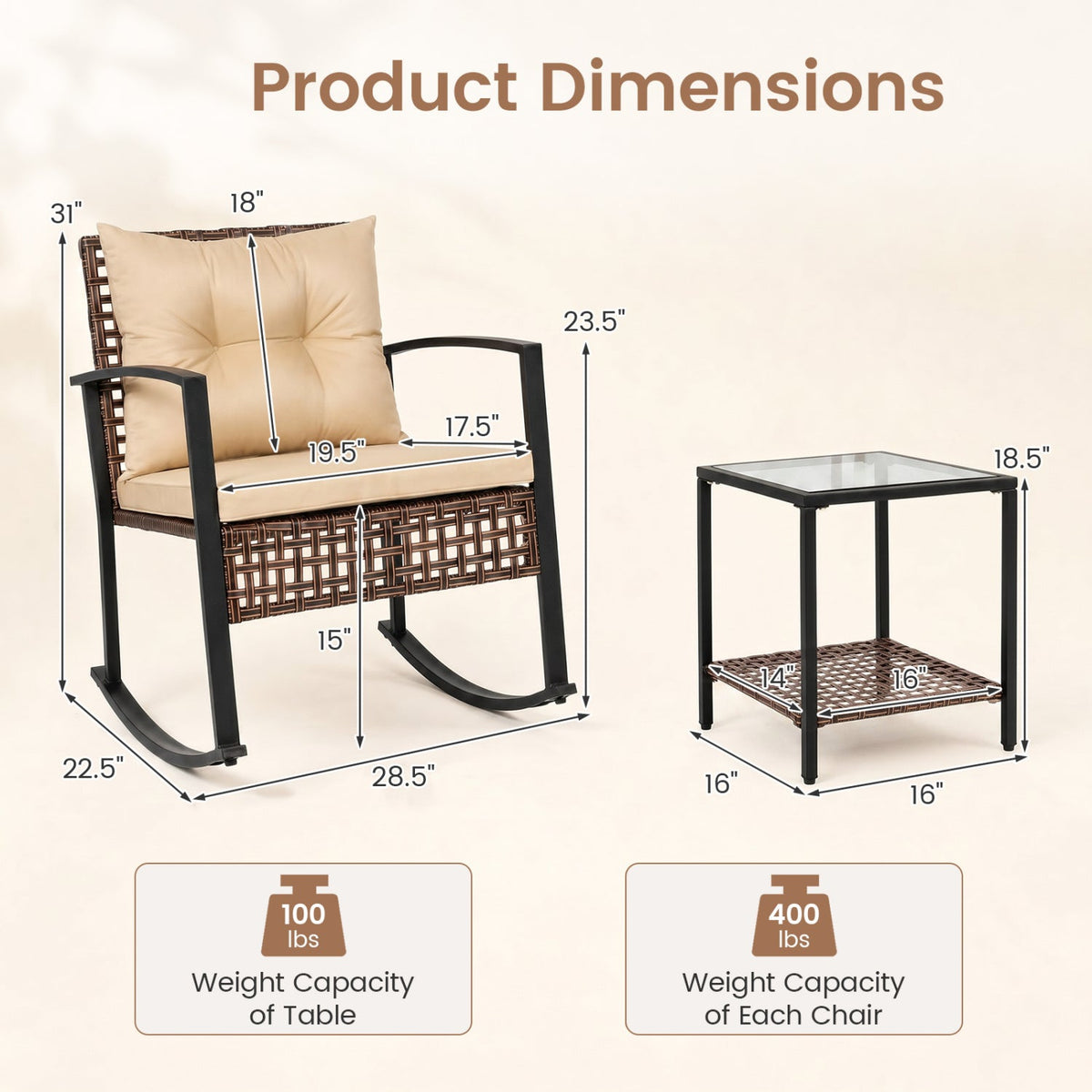 3-Piece Rocking Chair Patio Set with Glass Coffee Table 5