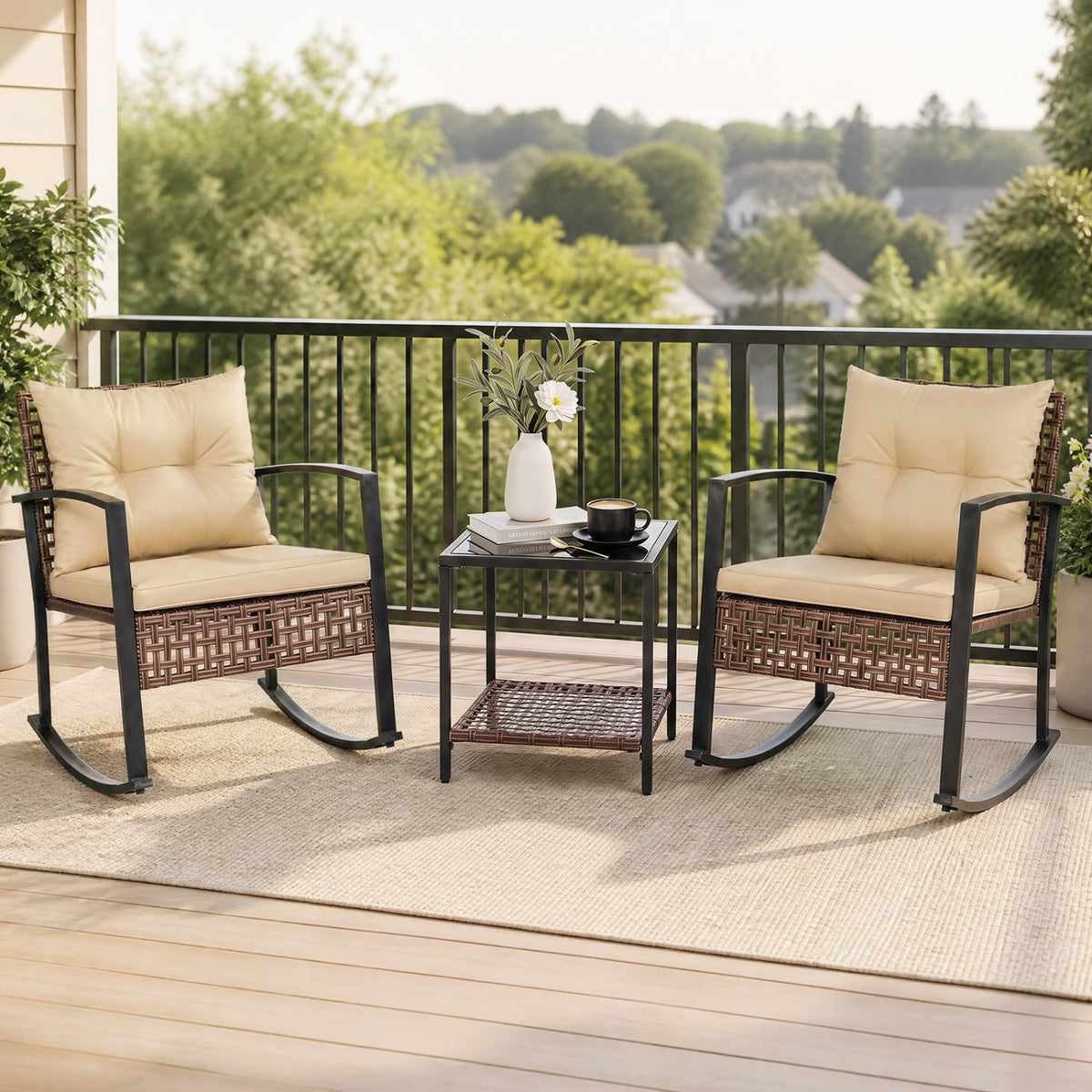 3-Piece Rocking Chair Patio Set with Glass Coffee Table 6