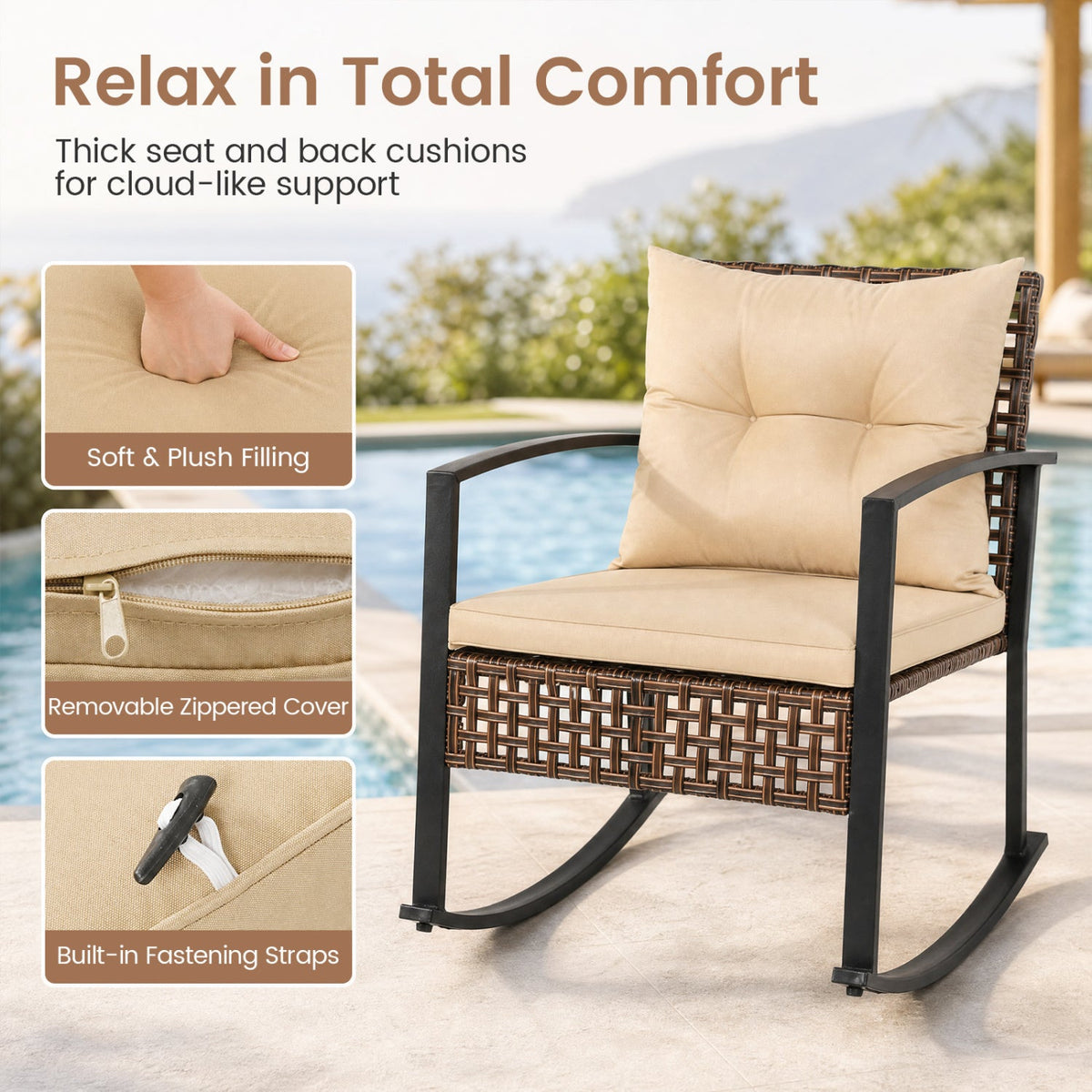 3-Piece Rocking Chair Patio Set with Glass Coffee Table 8