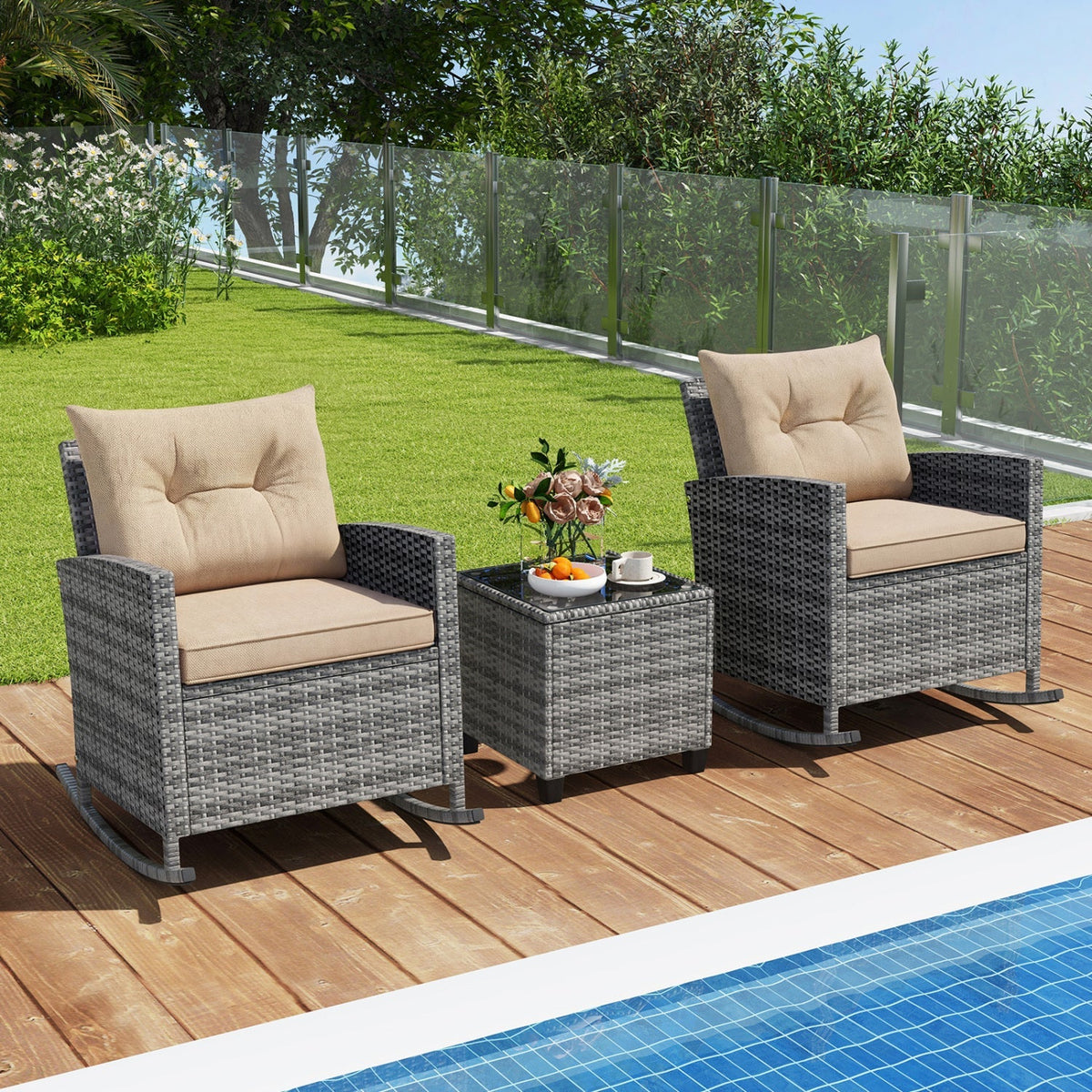 3-Piece Patio Rocking Chair Set with Glass Table 2