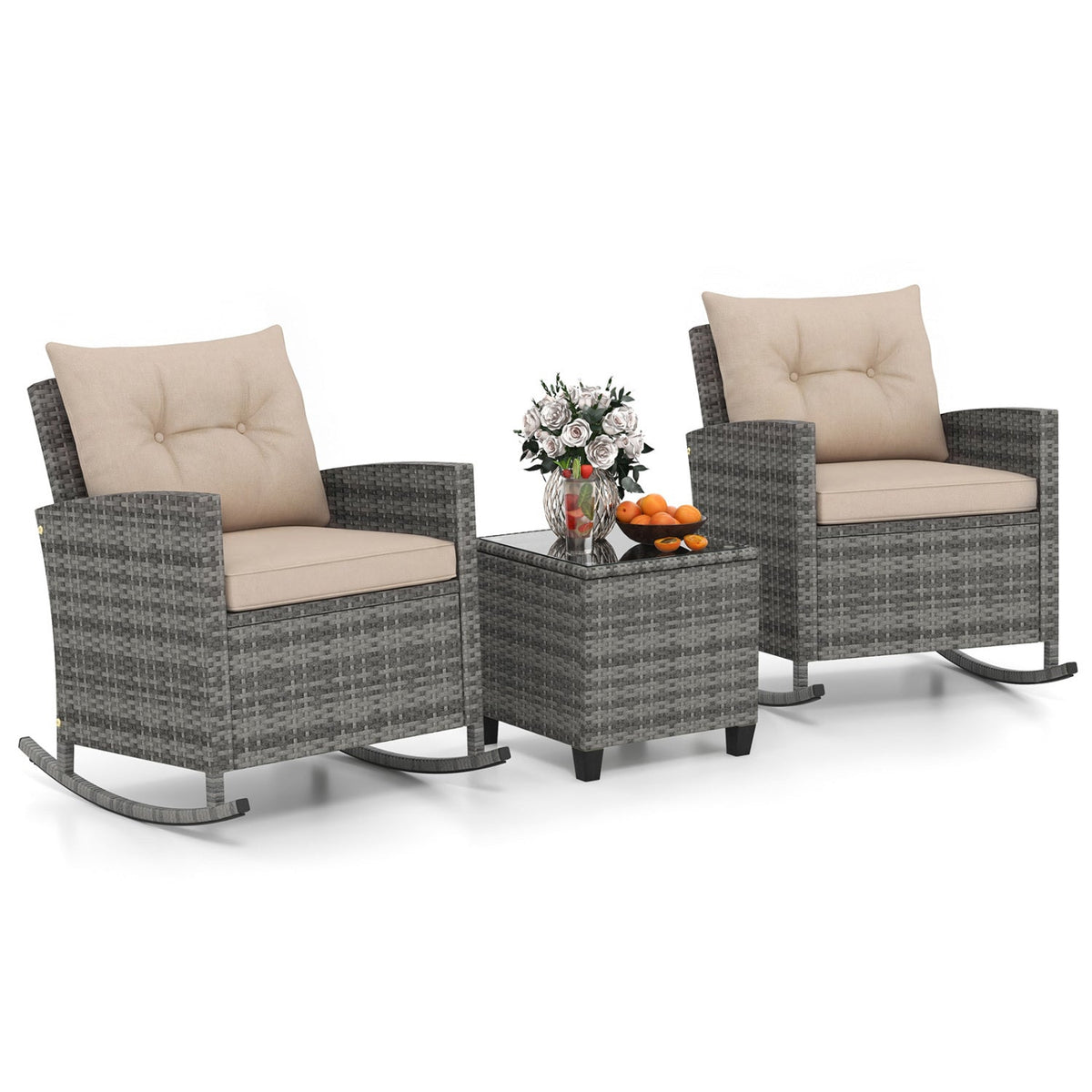3-Piece Patio Rocking Chair Set with Glass Table 3