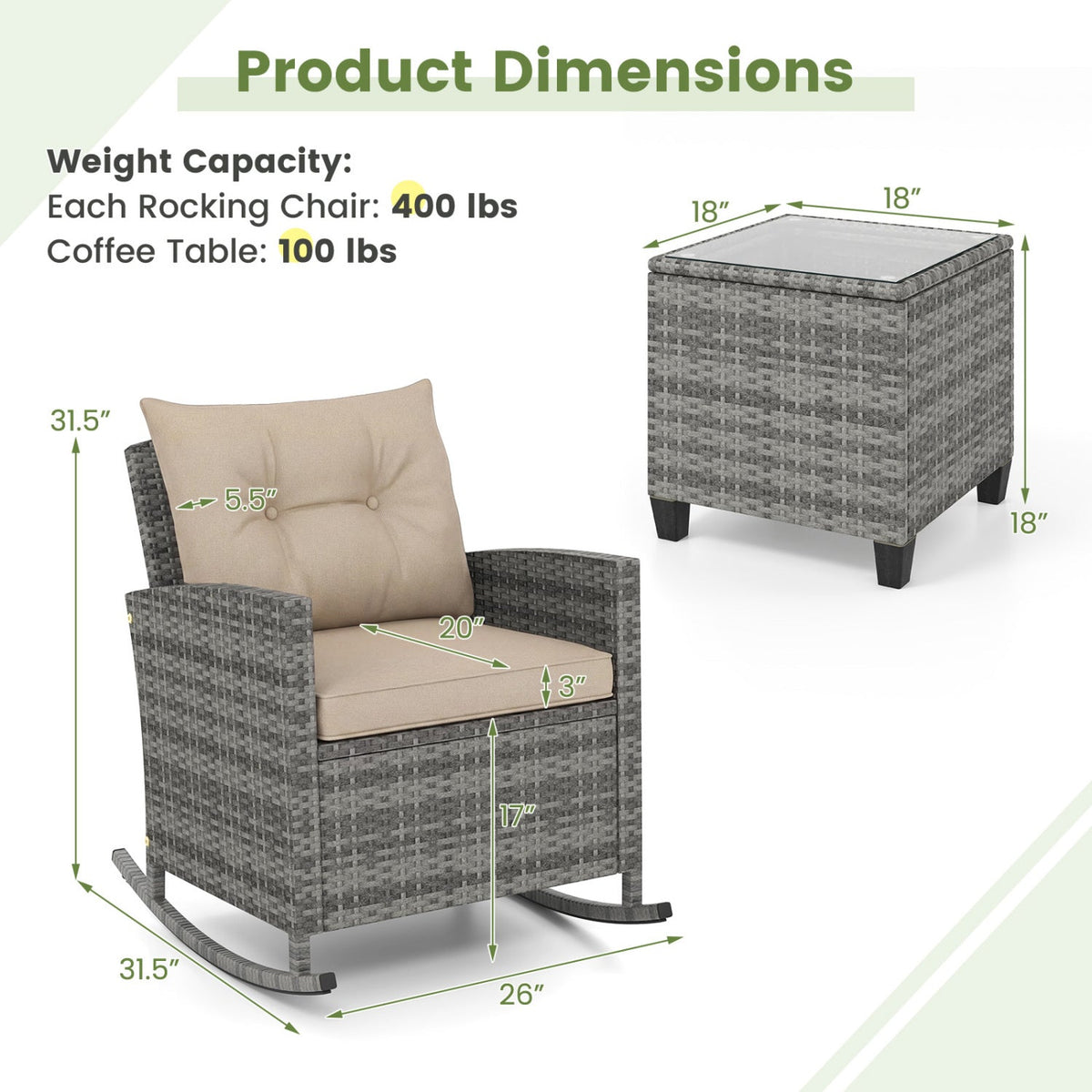 3-Piece Patio Rocking Chair Set with Glass Table 5
