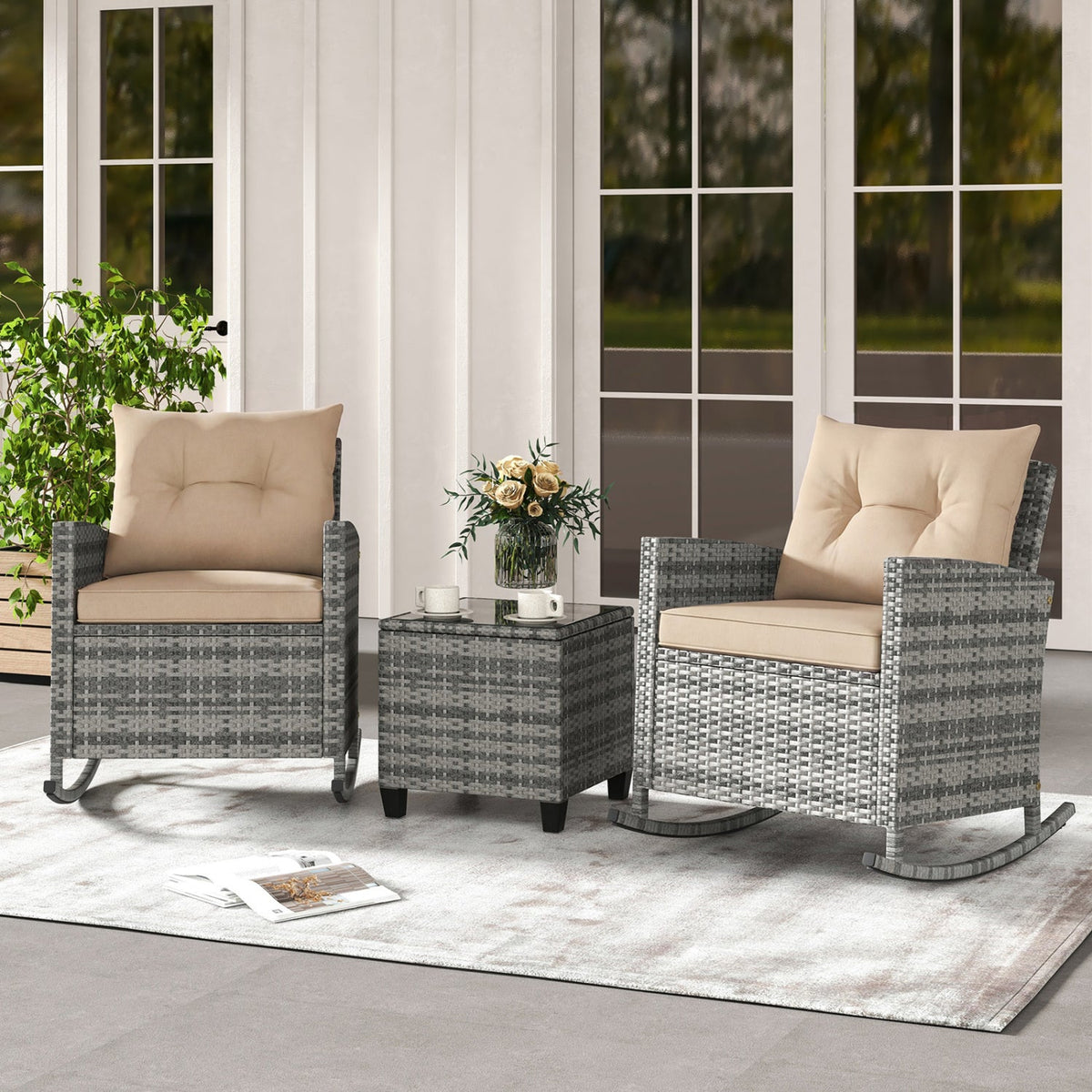 3-Piece Patio Rocking Chair Set with Glass Table 6