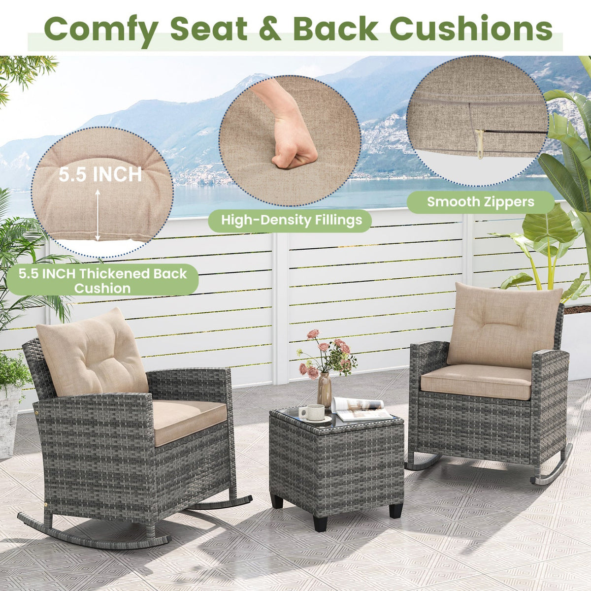 3-Piece Patio Rocking Chair Set with Glass Table 8