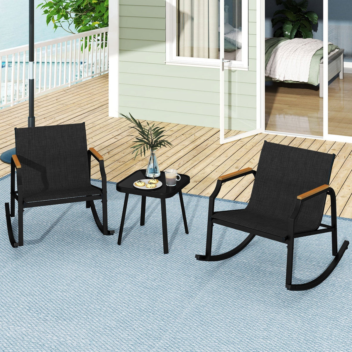 3-Piece Patio Rocking Bistro Set with Glass Coffee Table 1