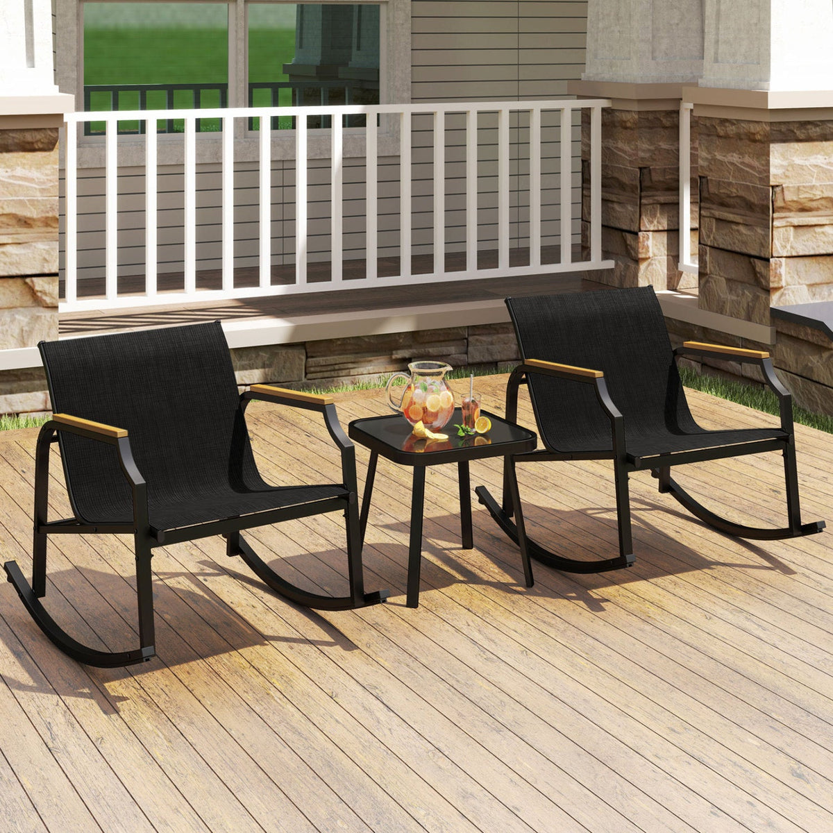 3-Piece Patio Rocking Bistro Set with Glass Coffee Table 2