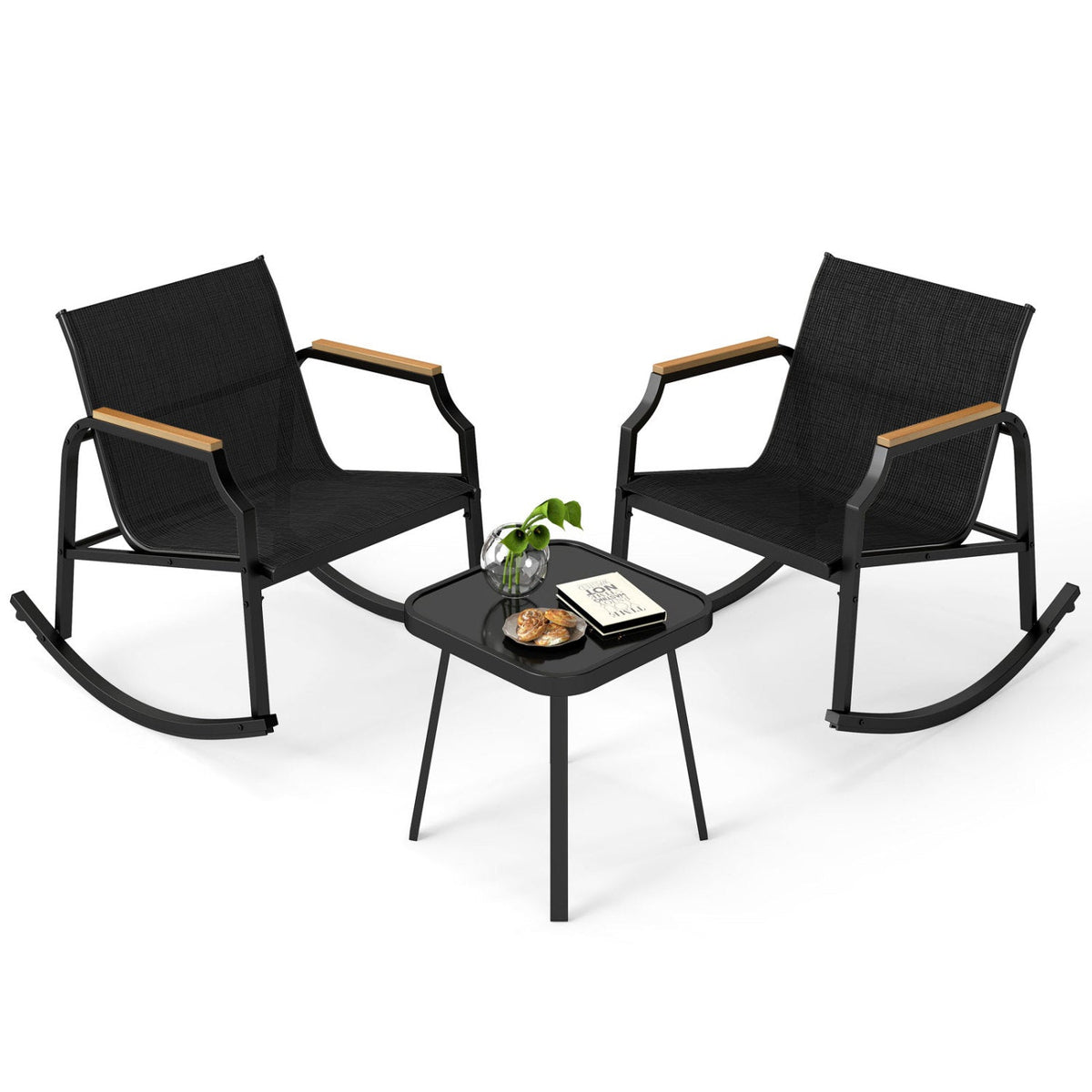 3-Piece Patio Rocking Bistro Set with Glass Coffee Table 3