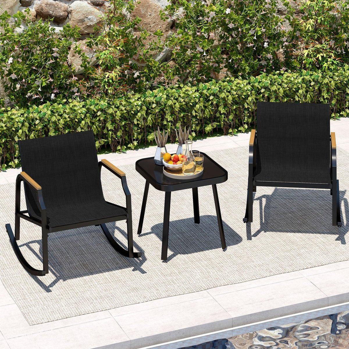 3-Piece Patio Rocking Bistro Set with Glass Coffee Table 6
