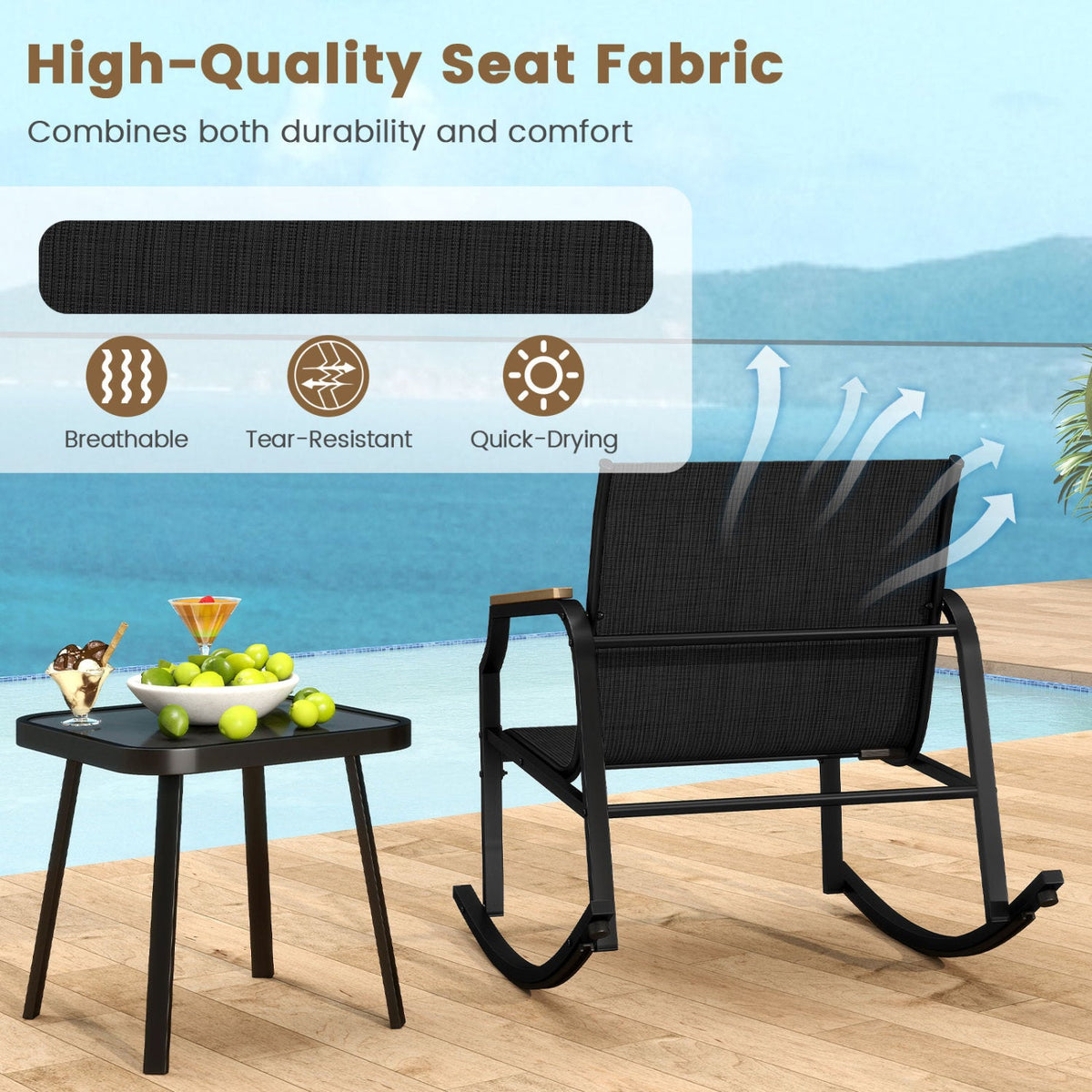 3-Piece Patio Rocking Bistro Set with Glass Coffee Table 7