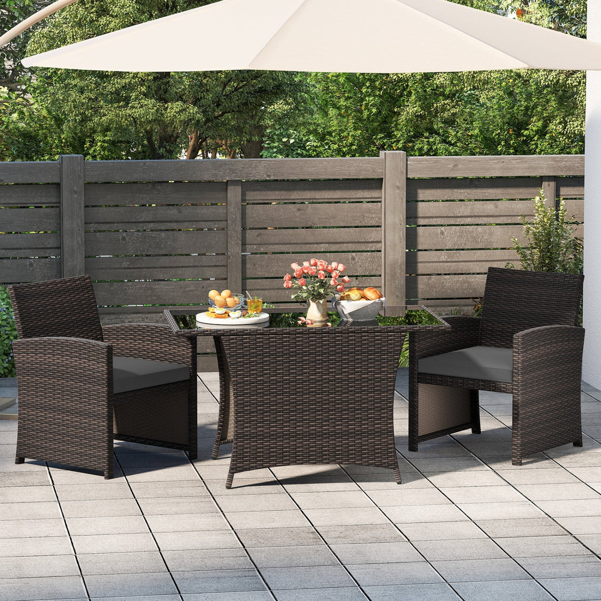 3-Piece Wicker Patio Dining Set with Tempered Glass Table 1