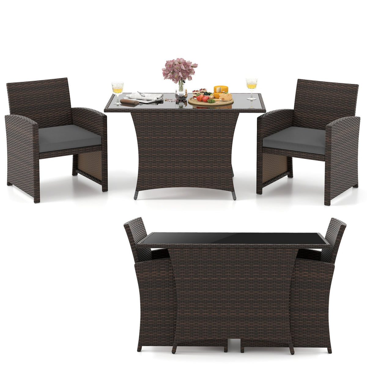 3-Piece Wicker Patio Dining Set with Tempered Glass Table 3