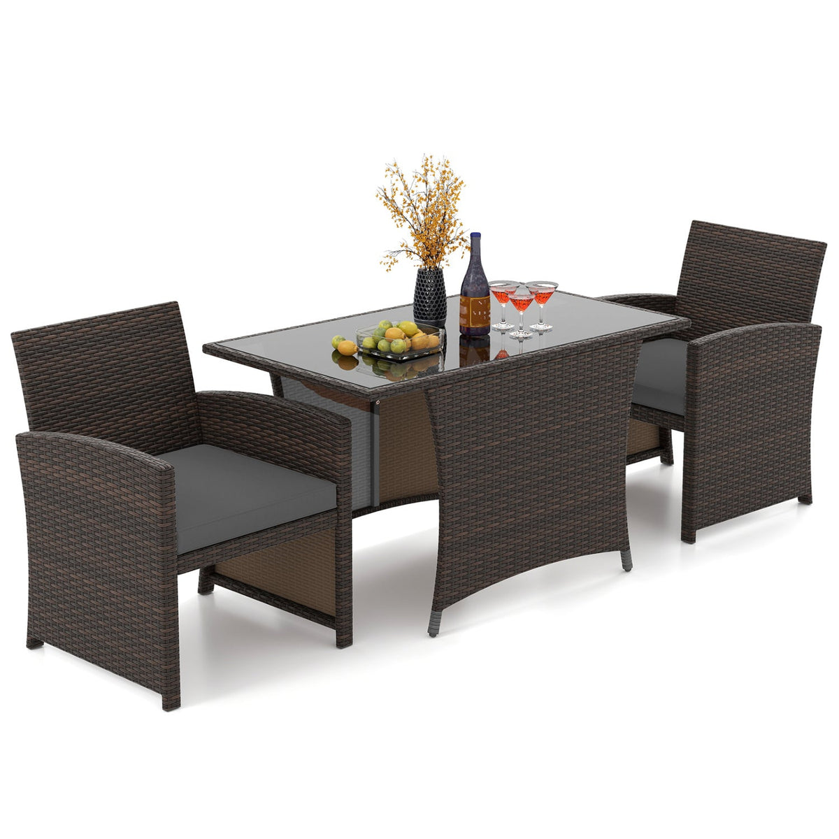 3-Piece Wicker Patio Dining Set with Tempered Glass Table 4