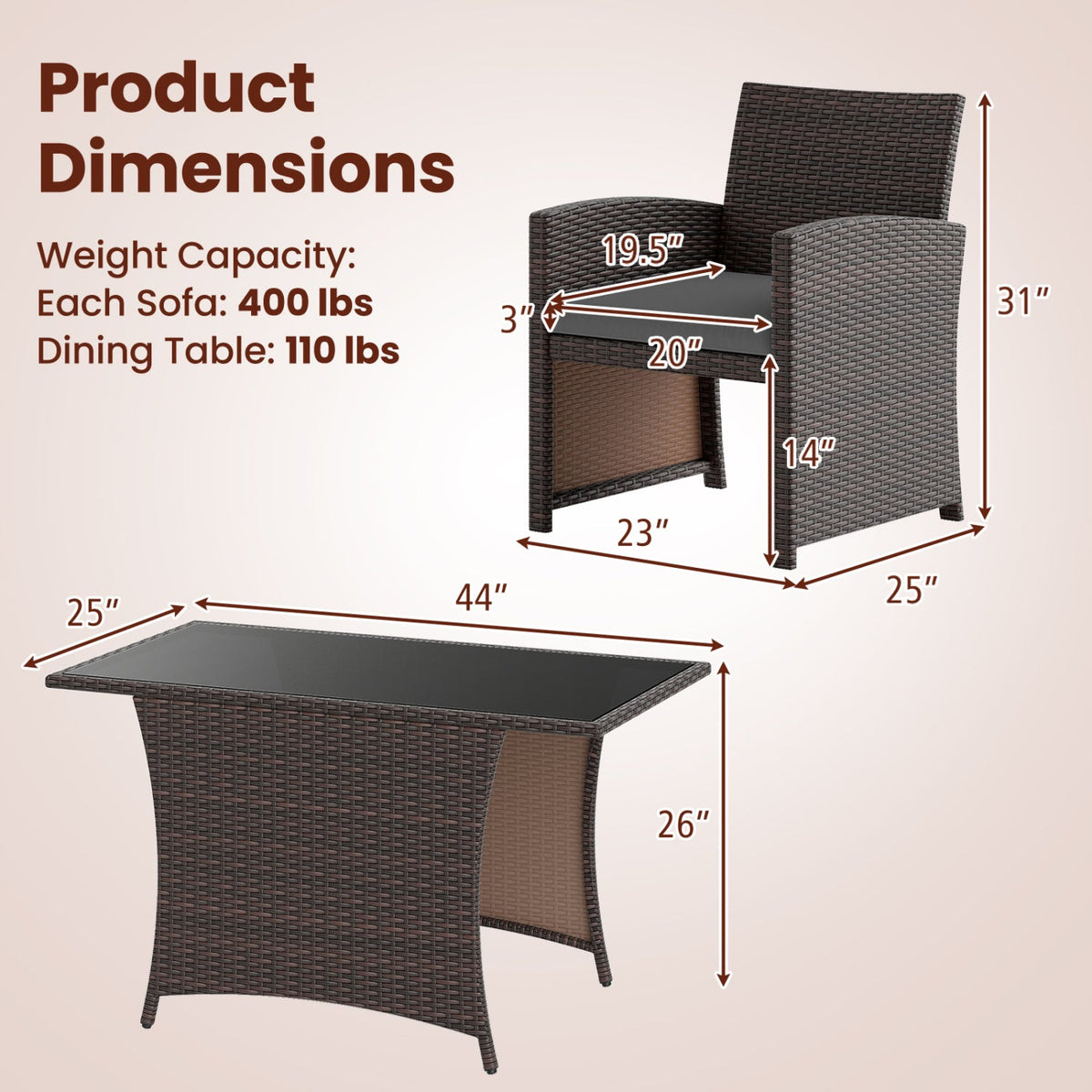 3-Piece Wicker Patio Dining Set with Tempered Glass Table 5