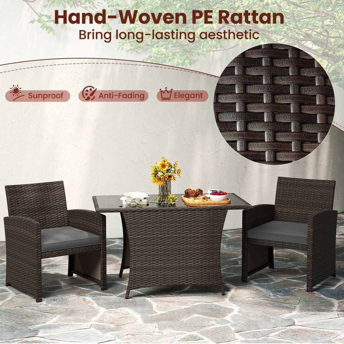 3-Piece Wicker Patio Dining Set with Tempered Glass Table 6